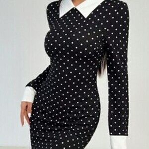 SHEIN PETITE Fitted Black And White Polka Dot Contrast Collar Women's Mini Dress